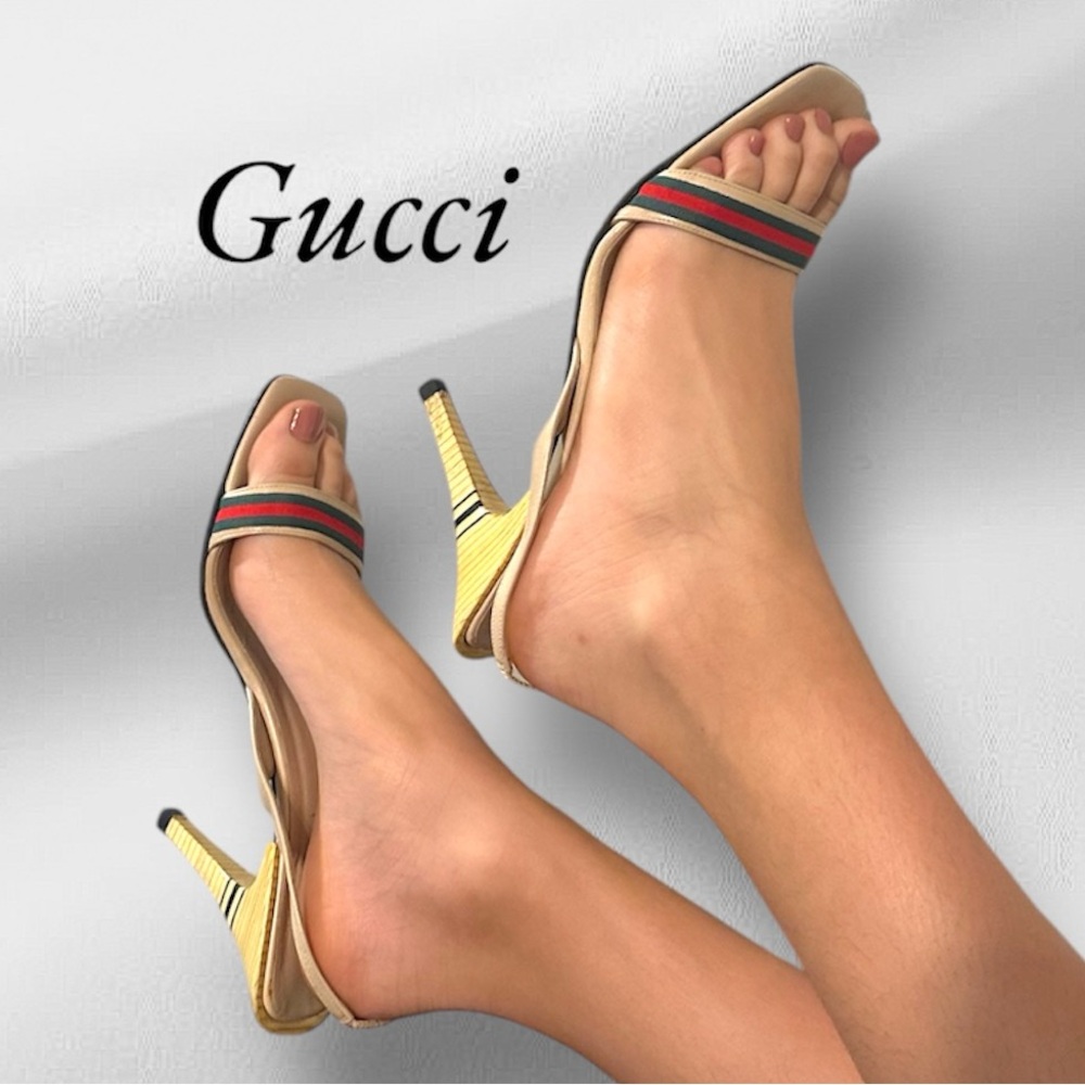 Gucci sandals shoes sling designer luxury Beige and Green Striped Heels 9.5